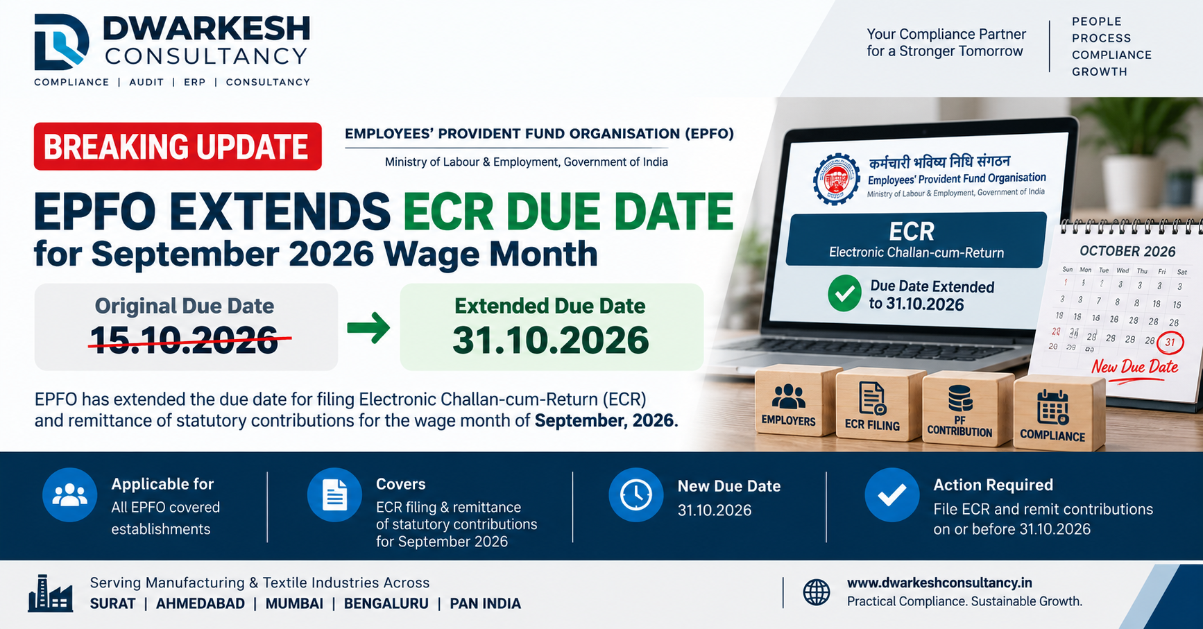 Dwarkesh Consultancy compliance update explaining EPFO's extension of the September 2026 ECR filing and statutory PF contribution due date from 15 October 2026 to 31 October 2026.